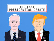 Editorial cartoon illustration of Biden and Trump facing each other beneath a title reading The Last Presidential Debate on a blue background.