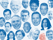 Collage of blue-tinted headshots of numerous potential 2020 Democratic presidential candidates with one figure highlighted in red-orange.