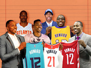 Editorial collage showing multiple versions of NBA player Dwight Howard holding jerseys from various teams including Charlotte, Washington, Houston, Los Angeles Lakers, Atlanta, and Orlando Magic.