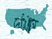 Editorial illustration of press conference microphones overlaid on a teal US map surrounded by political topic keywords like environment, health care, and criminal justice.