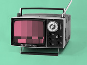 Editorial illustration of a vintage Sony portable television with a pixelated pink screen on a teal background.