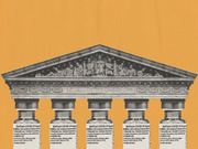 Editorial collage showing the US Supreme Court building with the inscription Equal Justice Under Law above five BioNTech COVID-19 vaccine vials on an orange background.