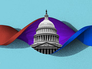 Editorial illustration of the US Capitol building framed by intertwining red and blue ribbons against a teal background, symbolizing political division or bipartisanship.