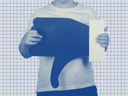 Blue-tinted editorial illustration of a child holding a large thumbs-down icon and a blank piece of paper against a grid background.