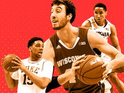 Stylized editorial illustration of three college basketball players from Wisconsin, Duke, and Virginia on a red polka-dot background.