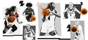 Editorial collage of five women's college basketball players in grayscale with orange accent highlights, representing Stanford, Baylor, NC State, South Carolina, UConn, and Louisville.