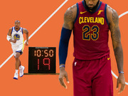 Editorial illustration showing a Cleveland Cavaliers player number 23, a Golden State Warriors player number 3, and a Daktronics shot clock on an orange basketball court background.
