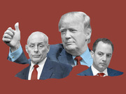 Editorial collage illustration showing three men in suits on a red background, with the central figure giving a thumbs up.