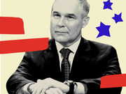 Editorial illustration of a man in a suit with arms crossed, set against a cream background with red stripes and blue stars suggesting an American flag motif.