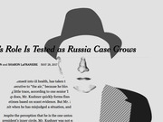 Editorial illustration of a shadowy figure wearing a hat with facial features floating separately, accompanying a New York Times article about the Russia case from May 2017.