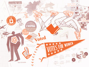 Collage editorial illustration featuring voting stickers, a Votes for Women pennant, CIA seal, UFO conspiracy text, maps, and various graphic elements in orange and mauve tones.