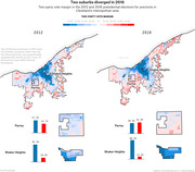 Side-by-side choropleth maps of Cleveland metro precincts showing two-party vote margin in 2012 and 2016 presidential elections, with bar charts for Parma and Shaker Heights suburbs.