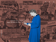 Editorial illustration of a woman filling out a Gallup Poll secret ballot, set against a collage of historical U.S. presidential campaign signs and candidate photos.