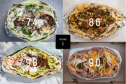 Four overhead photos of burritos labeled with scores 74, 86, 98, and 90, arranged in a grid with a Round 1 label in the center.
