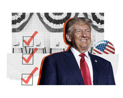 Editorial collage featuring Donald Trump overlaid with ballot checkboxes, voting booths, and an American flag sticker on a grid-paper background.