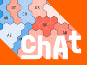 Promotional graphic for a FiveThirtyEight chat feature showing a hexagonal tile map of US states in red and blue with the word ChAt overlaid in large white text on an orange background.