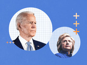 Editorial illustration showing circular portrait cutouts of Joe Biden and Hillary Clinton on a blue background with orange plus signs and grid patterns.