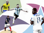 Editorial collage illustration featuring four soccer players including Messi (Argentina #10), Rashford (England #11), a Brazil #9 player, and a France #10 player against colorful geometric shapes.