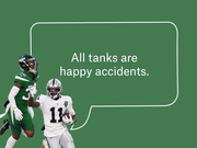 Editorial illustration of two NFL players with a speech bubble reading 'All tanks are happy accidents' on a green background.