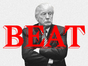 Black and white photo illustration of Donald Trump with arms crossed overlaid with large red bold text reading BEAT.