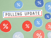 Decorative editorial illustration for a FiveThirtyEight polling update feature, showing red and blue circles with percent signs on a green background.
