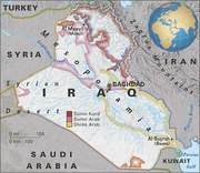 Map of Iraq showing regional geography, neighboring countries, major cities, and ethnic/sectarian distribution of Sunni Kurd, Sunni Arab, and Shiite Arab populations.