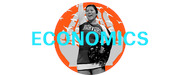 Editorial illustration of a Harvard cheerleader in black and white within an orange circle, overlaid with the word ECONOMICS in large cyan text.