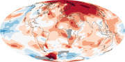 Global map showing temperature anomalies with red shading indicating above-average temperatures and blue shading indicating below-average temperatures across the world.