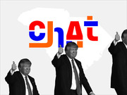 Editorial illustration showing Donald Trump giving thumbs up repeated three times over a South Carolina map outline with colorful CHAT text overlay in red, blue, and orange.