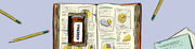 Editorial illustration showing an open textbook with pie charts, an Adderall prescription bottle, and pencils scattered around on a purple background.