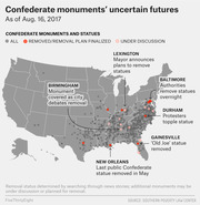 US map showing locations of Confederate monuments and statues as of Aug. 16, 2017, with callouts for cities including Baltimore, Durham, Lexington, Birmingham, New Orleans, and Gainesville.