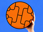 A hand holds an orange basketball whose seam lines are styled to resemble an NCAA March Madness tournament bracket, on a blue background.