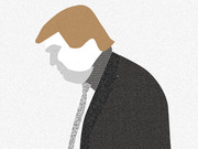 Stylized editorial illustration of a figure with distinctive golden hair in a dark suit and tie, head bowed, suggesting Donald Trump.