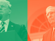 Split editorial illustration showing two politicians tinted green on the left and orange on the right, used as decorative article art.