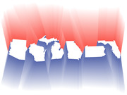 Stylized editorial illustration showing white silhouettes of six US swing states against a red and blue ray background, suggesting electoral competition.