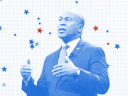 Blue-tinted editorial illustration of a man in a suit speaking with a microphone headset, surrounded by red and blue stars on a grid background.