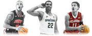 Three college basketball players in Auburn, Michigan State Spartans, and Oklahoma uniforms posed against a white background in a stylized editorial illustration.