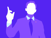Stylized flat illustration of a faceless man in a suit and tie pointing one finger upward against a purple background, with a small pin on his lapel.