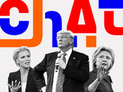 Editorial illustration showing three political figures in black and white against a colorful typographic background spelling chat in red, blue, and orange.