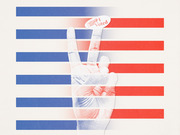 Editorial illustration of a hand making a peace sign with an I Voted sticker on one finger, overlaid on red, white, and blue stripes resembling the American flag.