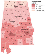 Choropleth map of Alabama counties showing McCain's share of the vote in 2008, with counties shaded from light pink to dark red based on percentage ranges.