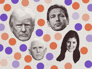 Editorial illustration showing black-and-white cutout portraits of four Republican political figures on a colorful polka-dot background.