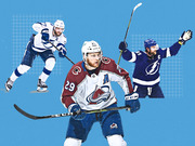 Editorial illustration showing NHL hockey players from the Colorado Avalanche and Tampa Bay Lightning on a blue grid background.