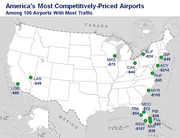 Map of the US showing America's most competitively-priced airports among 100 airports with most traffic, with airport codes and price differences labeled.