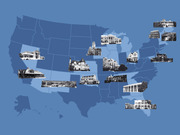 US map with black-and-white photos of historic houses or mansions placed at their locations across various states.