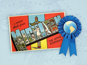Illustrated editorial graphic showing a vintage-style Michigan Upper Peninsula postcard with a blue ribbon award, set against a faded map background.
