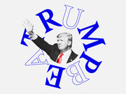 Editorial illustration of Donald Trump waving, surrounded by the scrambled letters of his name in blue arranged in a circle.