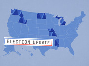 Illustrated US map in blue tones with small polling trend charts overlaid on select states and an Election Update label in the foreground.
