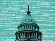 Editorial illustration of the US Capitol dome overlaid with teal-tinted FiveThirtyEight article headlines about the 2018 Senate elections.