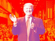 Stylized red and purple duotone editorial illustration of a smiling man in a suit clapping before a crowd with USA signage in the background.